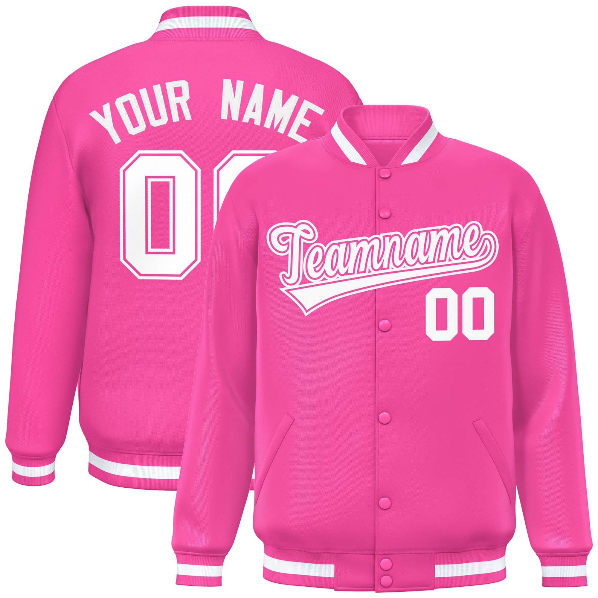 Veste de baseball Letterman de style classique à pression intégrale rose et blanche personnalisée