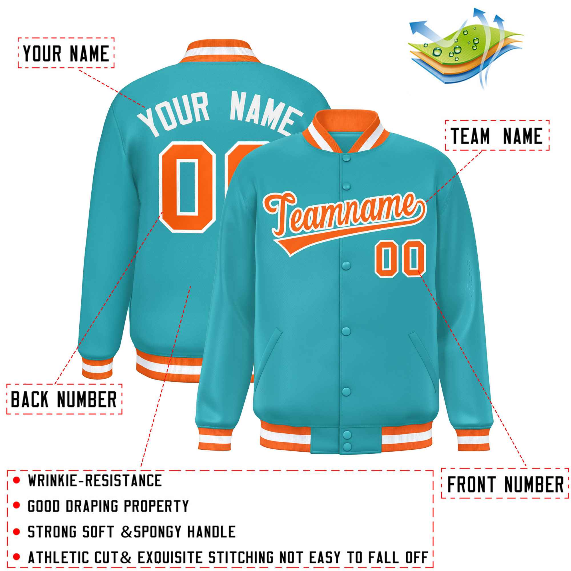 Custom Aqua Orange-White Varsity Full-Snap Classic Style Letterman Baseball Jacket