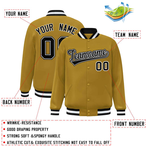 Custom Old Gold Black-White Varsity Full-Snap Classic Style Letterman Baseball Jacket