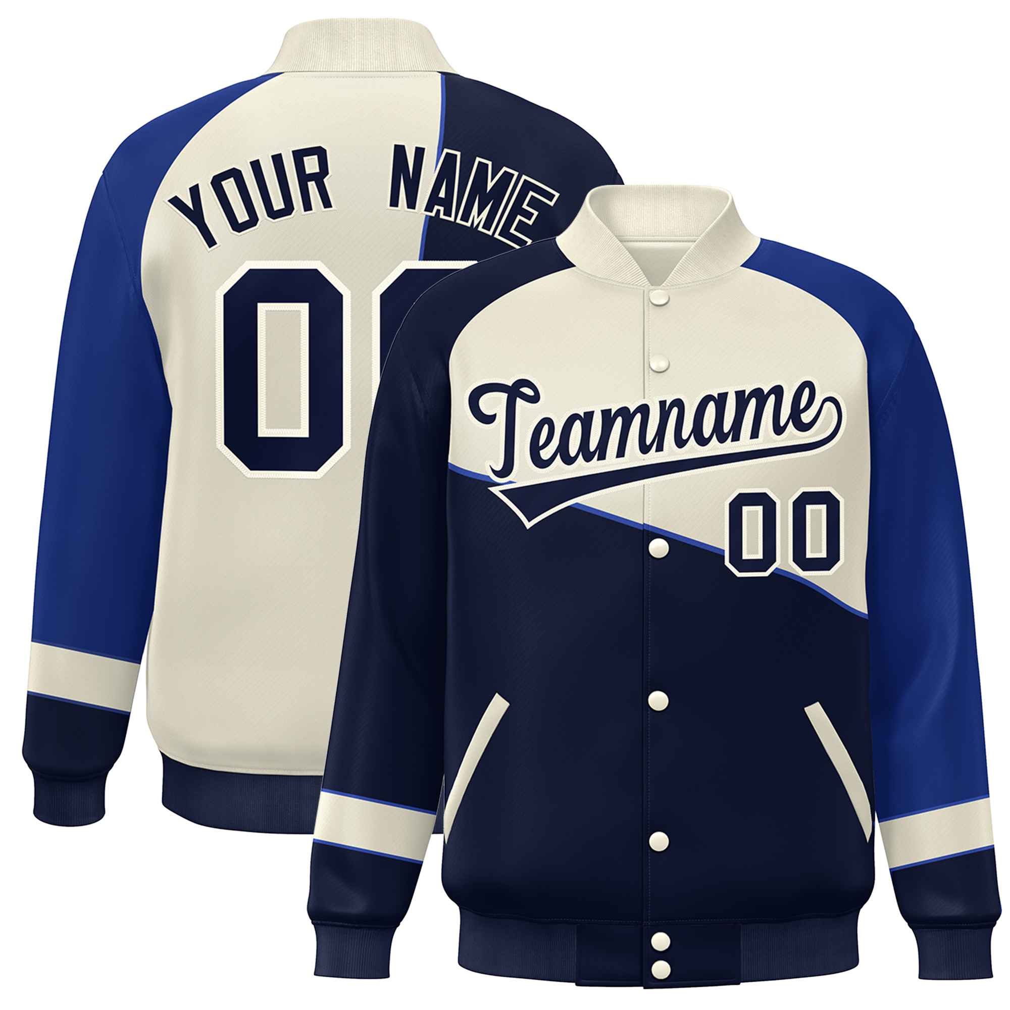 Custom Navy White-Royal Color Block Bomber Varsity Full-Snap Baseball Jacket