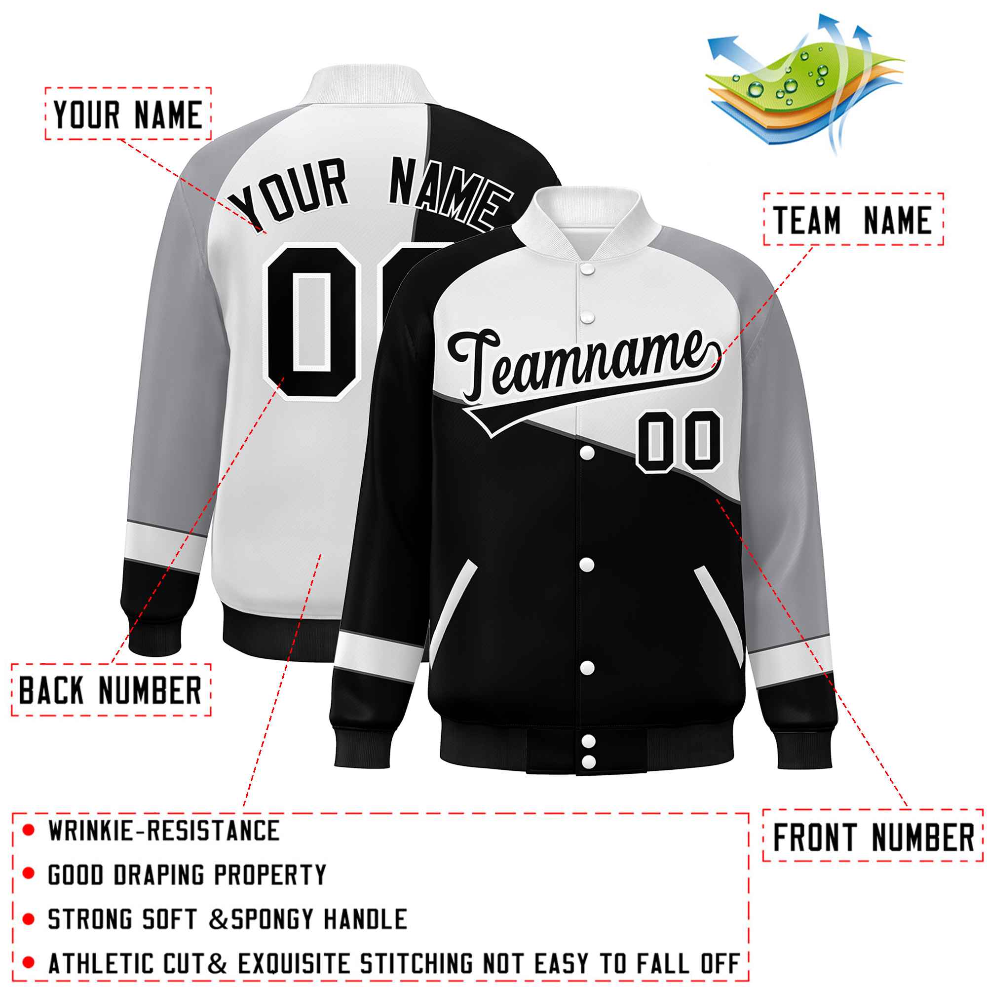 Custom Black White-Gray Color Block Bomber Varsity Full-Snap Baseball Jacket