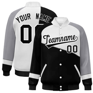 Veste de baseball universitaire à boutons-pression personnalisés noir blanc-gris