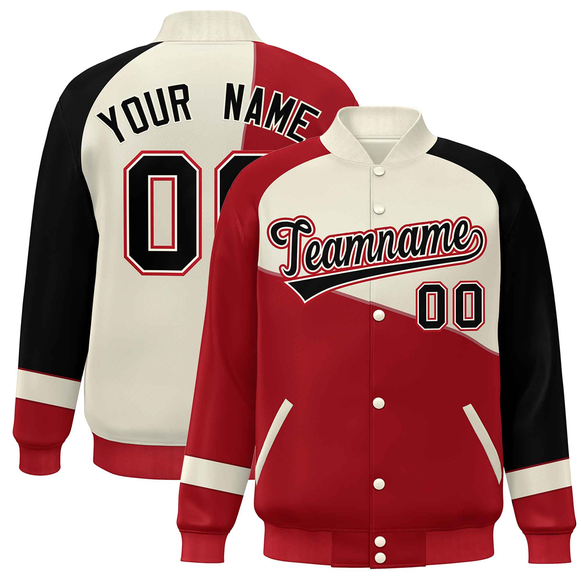 Custom Red White-Black Color Block Bomber Varsity Full-Snap Baseball Jacket