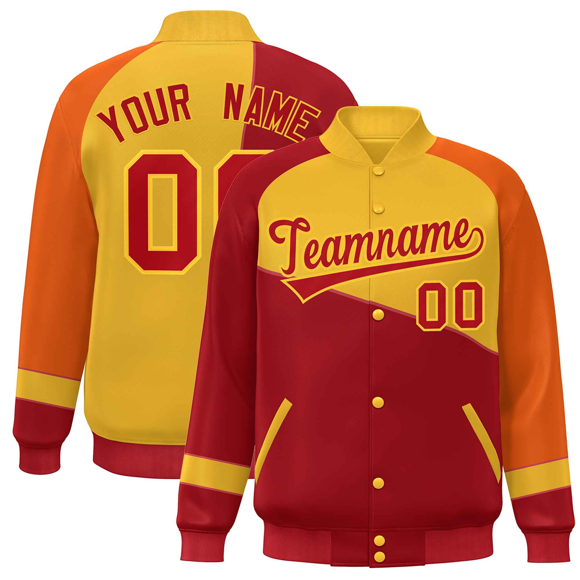 Custom Red Gold-Orange Color Block Bomber Varsity Full-Snap Baseball Jacket