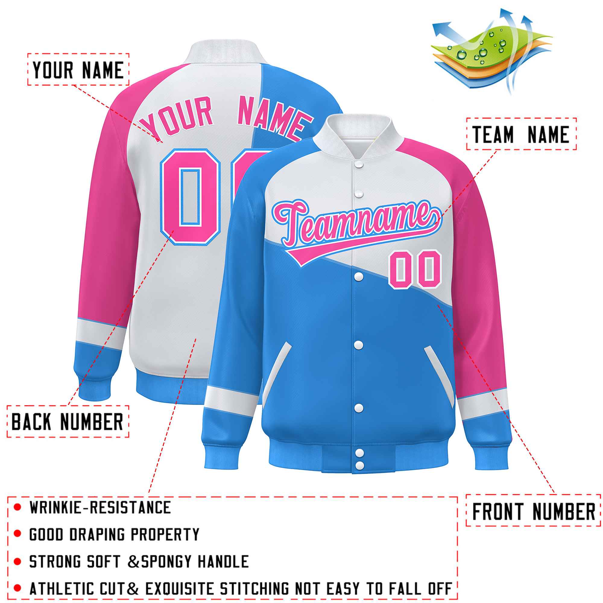 Custom Powder Blue White-Pink Color Block Bomber Varsity Full-Snap Baseball Jacket