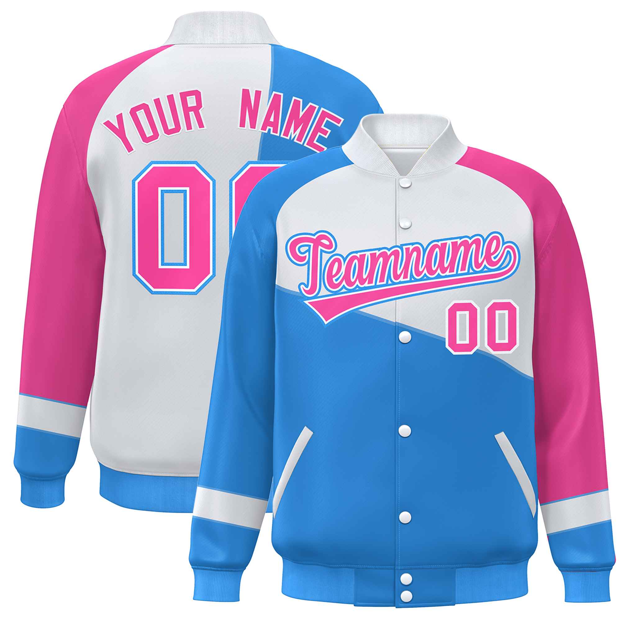 Custom Powder Blue White-Pink Color Block Bomber Varsity Full-Snap Baseball Jacket