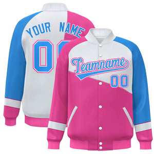 Veste de baseball universitaire à fermeture éclair personnalisée rose blanc-bleu poudre