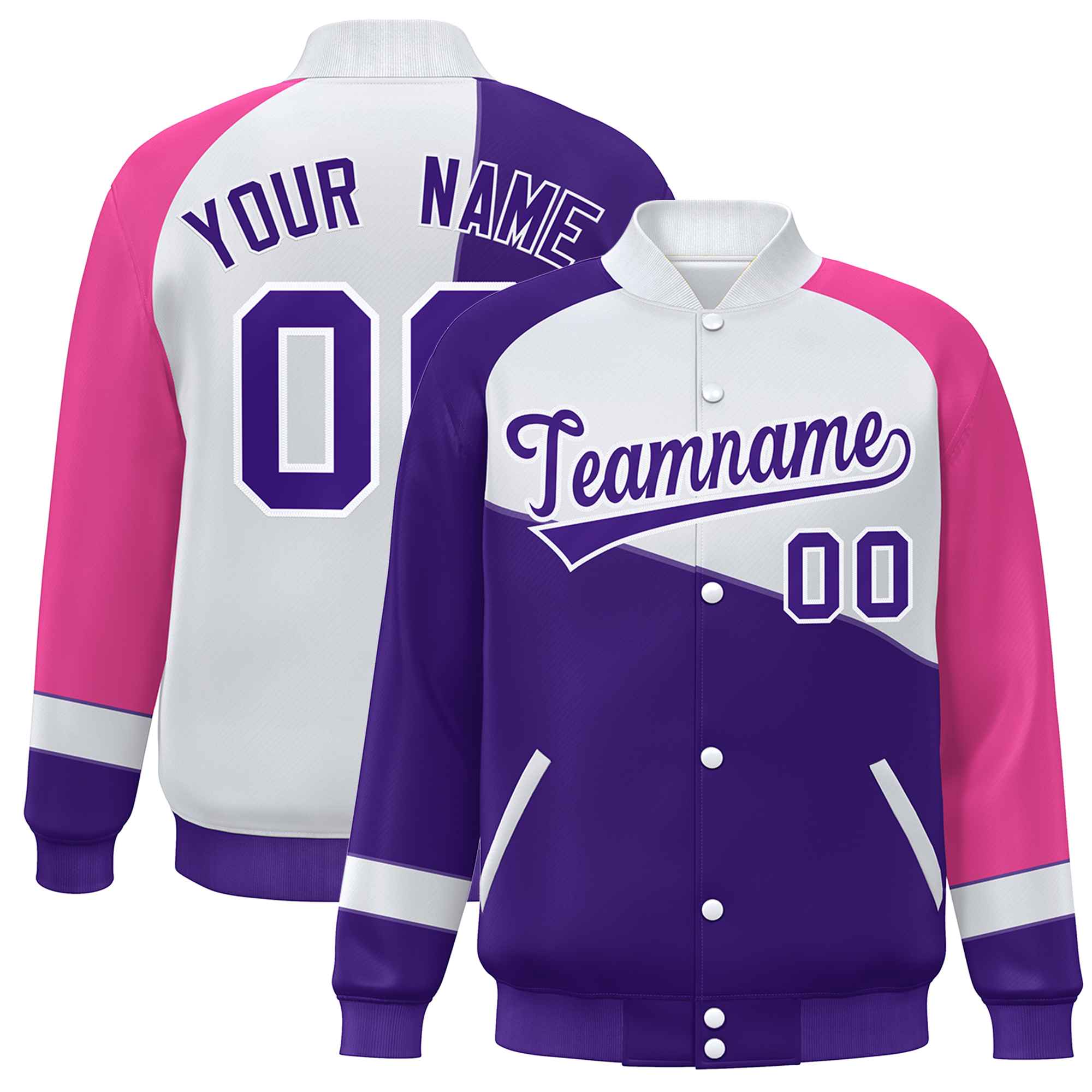 Veste de baseball universitaire à bouton-pression personnalisée violet blanc-rose