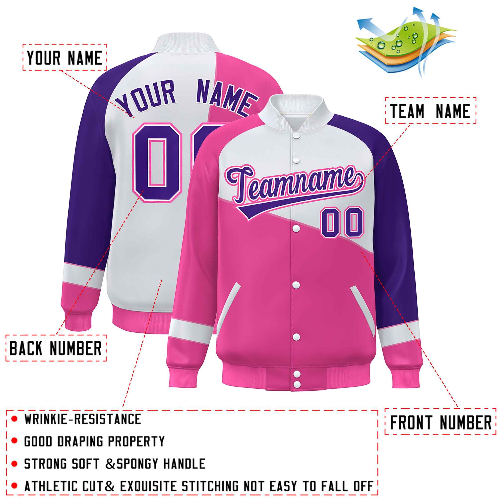 Veste de baseball universitaire à boutons-pression personnalisés rose blanc-violet