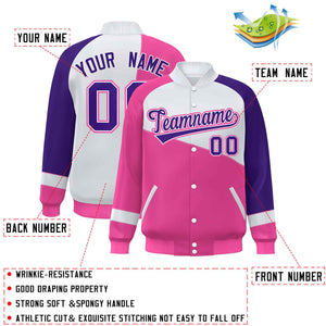 Custom Pink White-Purple Color Block Bomber Varsity Full-Snap Baseball Jacket