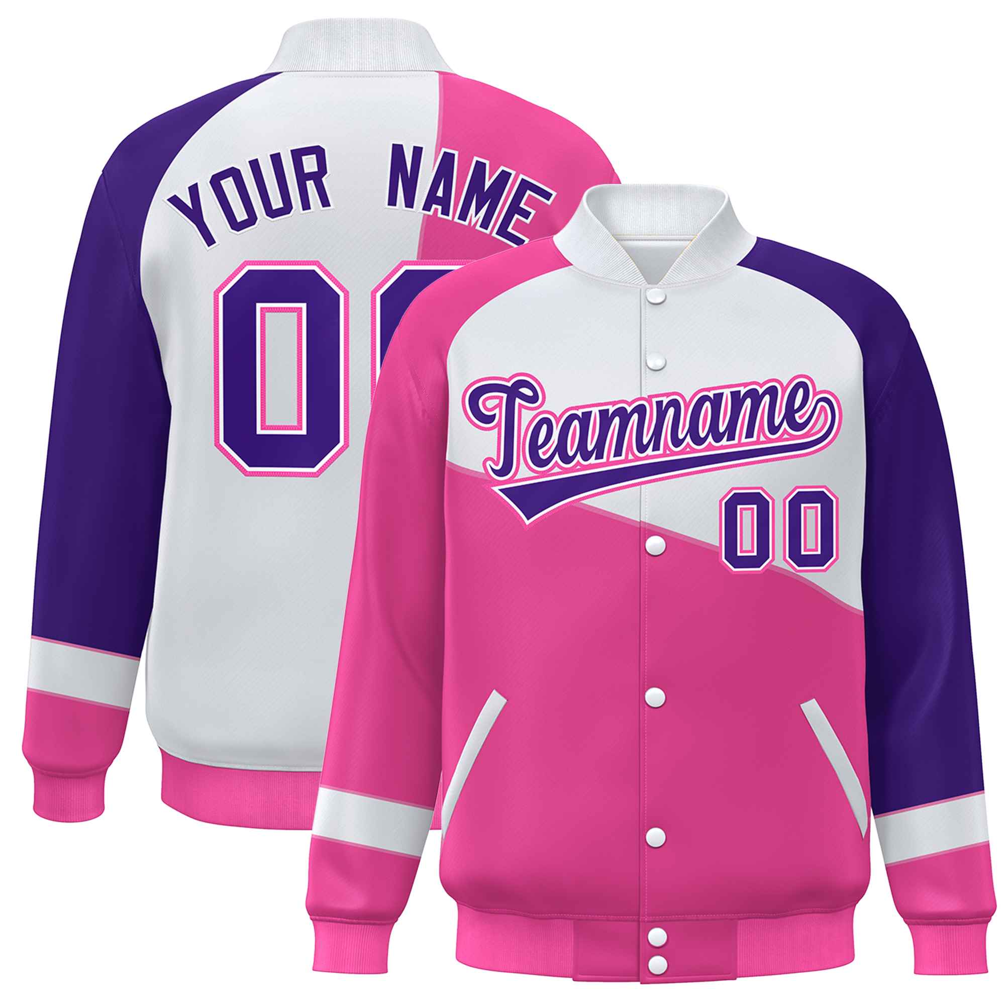 Veste de baseball universitaire à boutons-pression personnalisés rose blanc-violet