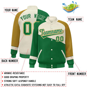 Veste de baseball personnalisée Kelly Green White-Old Gold Color Block Bomber Varsity Full-Snap