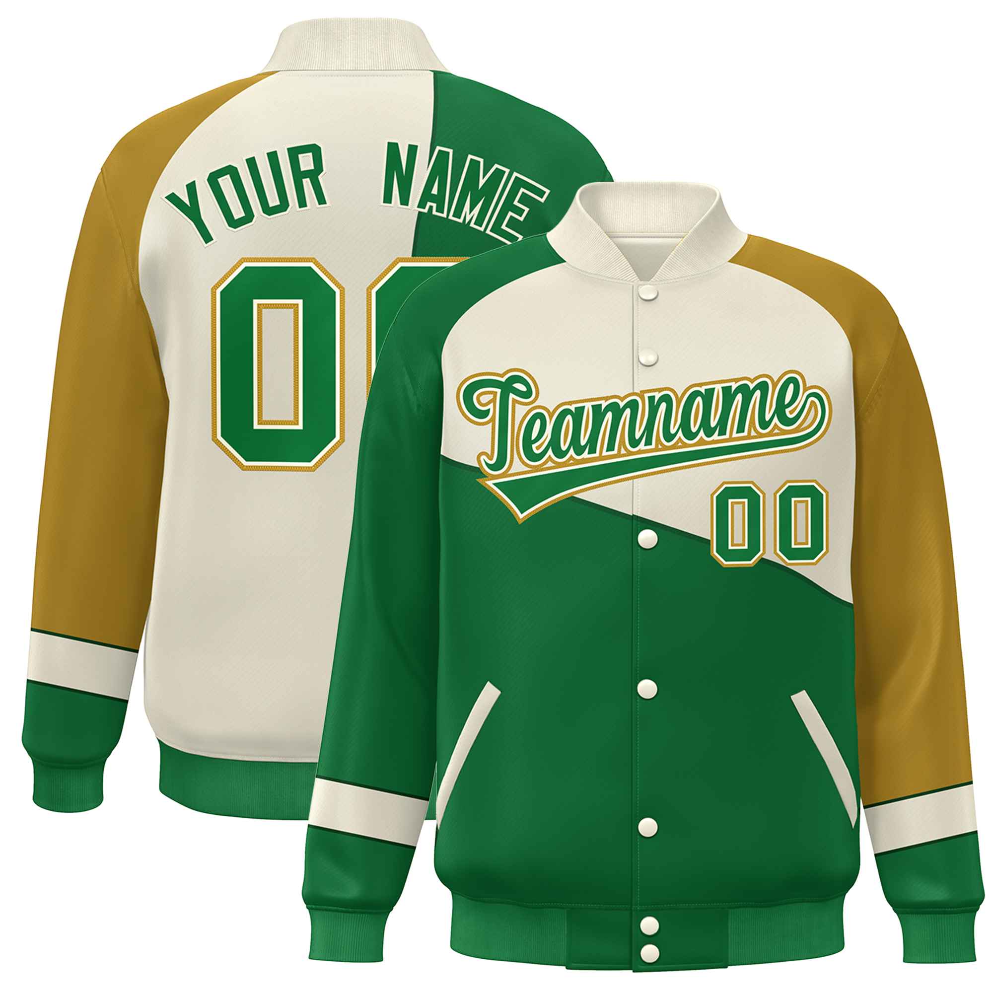 Veste de baseball personnalisée Kelly Green White-Old Gold Color Block Bomber Varsity Full-Snap