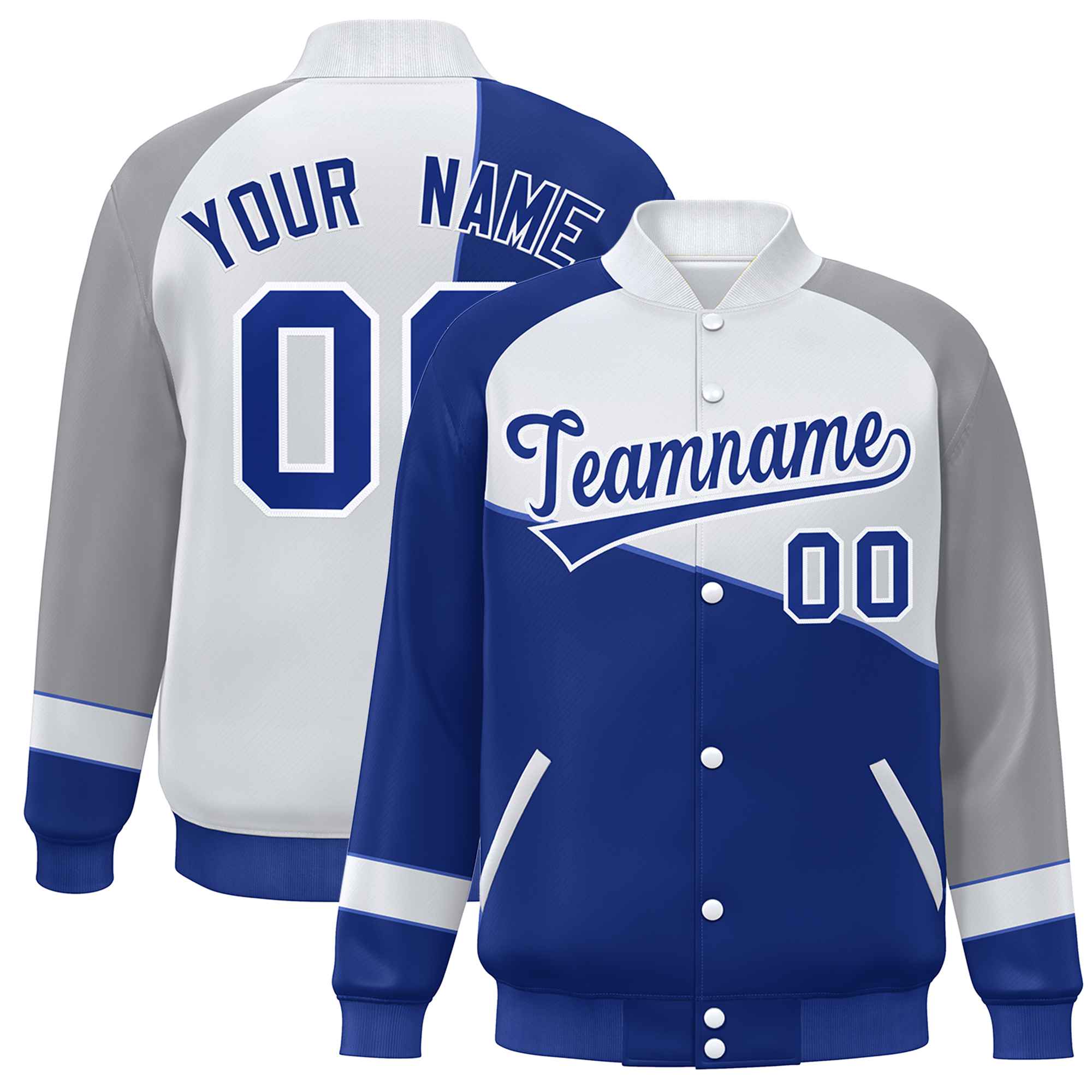 Veste de baseball personnalisée Royal White-Gray Color Block Bomber Varsity Full-Snap