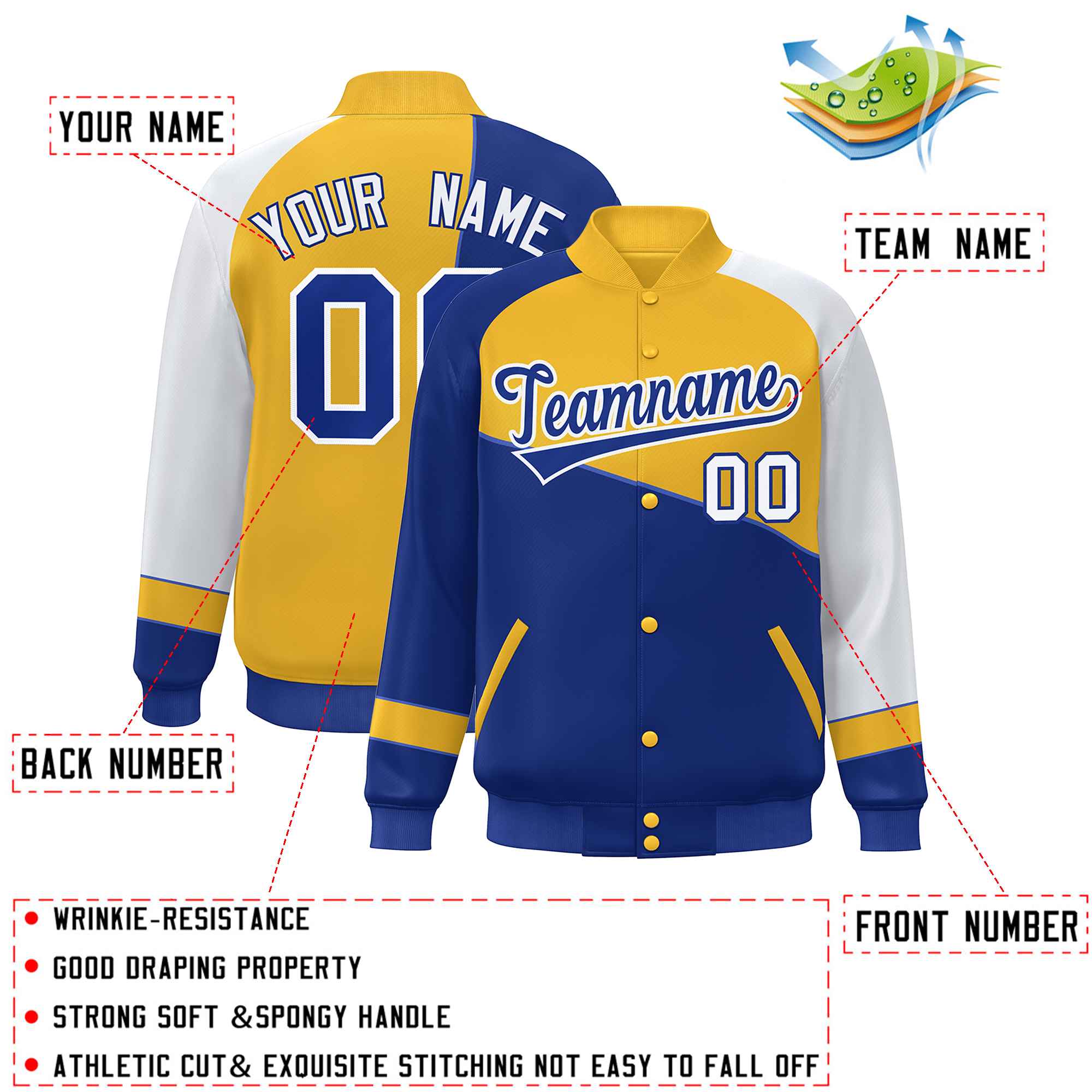 Veste de baseball personnalisée Royal Gold-White Color Block Bomber Varsity Full-Snap