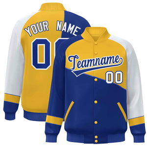 Custom Royal Gold-White Color Block Bomber Varsity Full-Snap Baseball Jacket