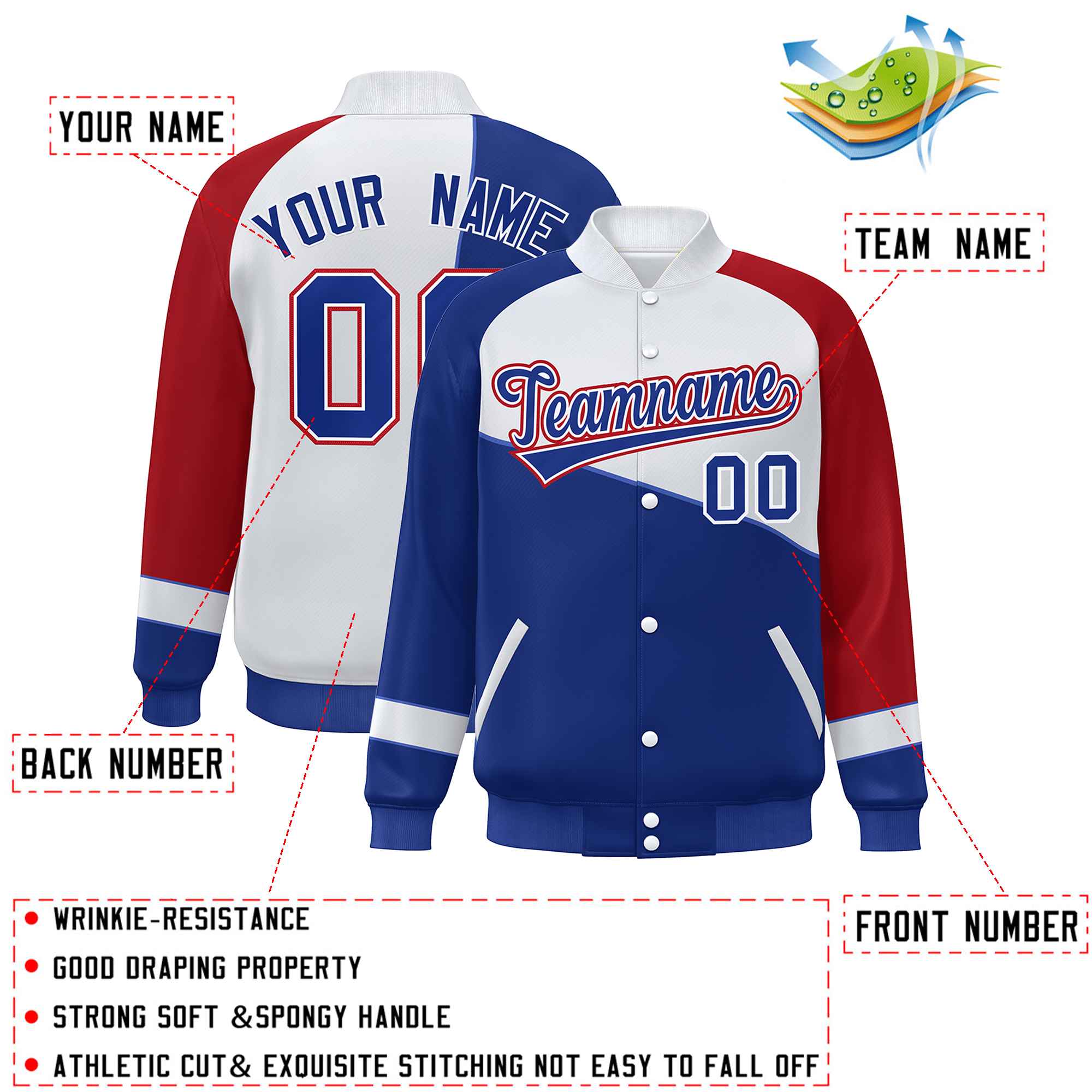 Veste de baseball personnalisée Royal White-Red Color Block Bomber Varsity Full-Snap