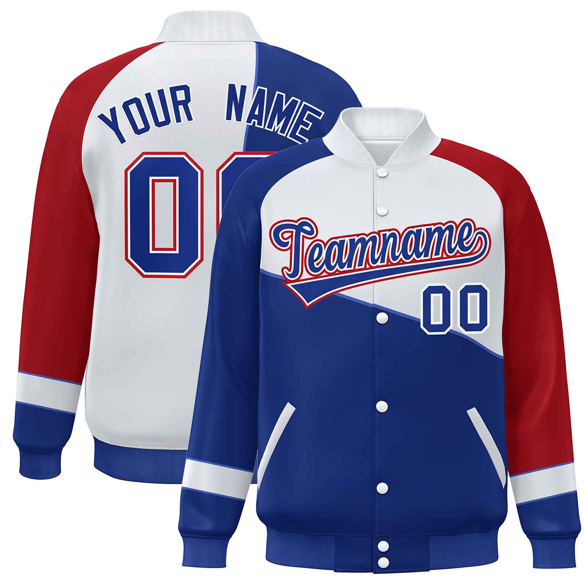 Veste de baseball personnalisée Royal White-Red Color Block Bomber Varsity Full-Snap