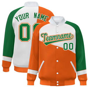 Veste de baseball universitaire à fermeture éclair personnalisée orange blanc-vert Kelly