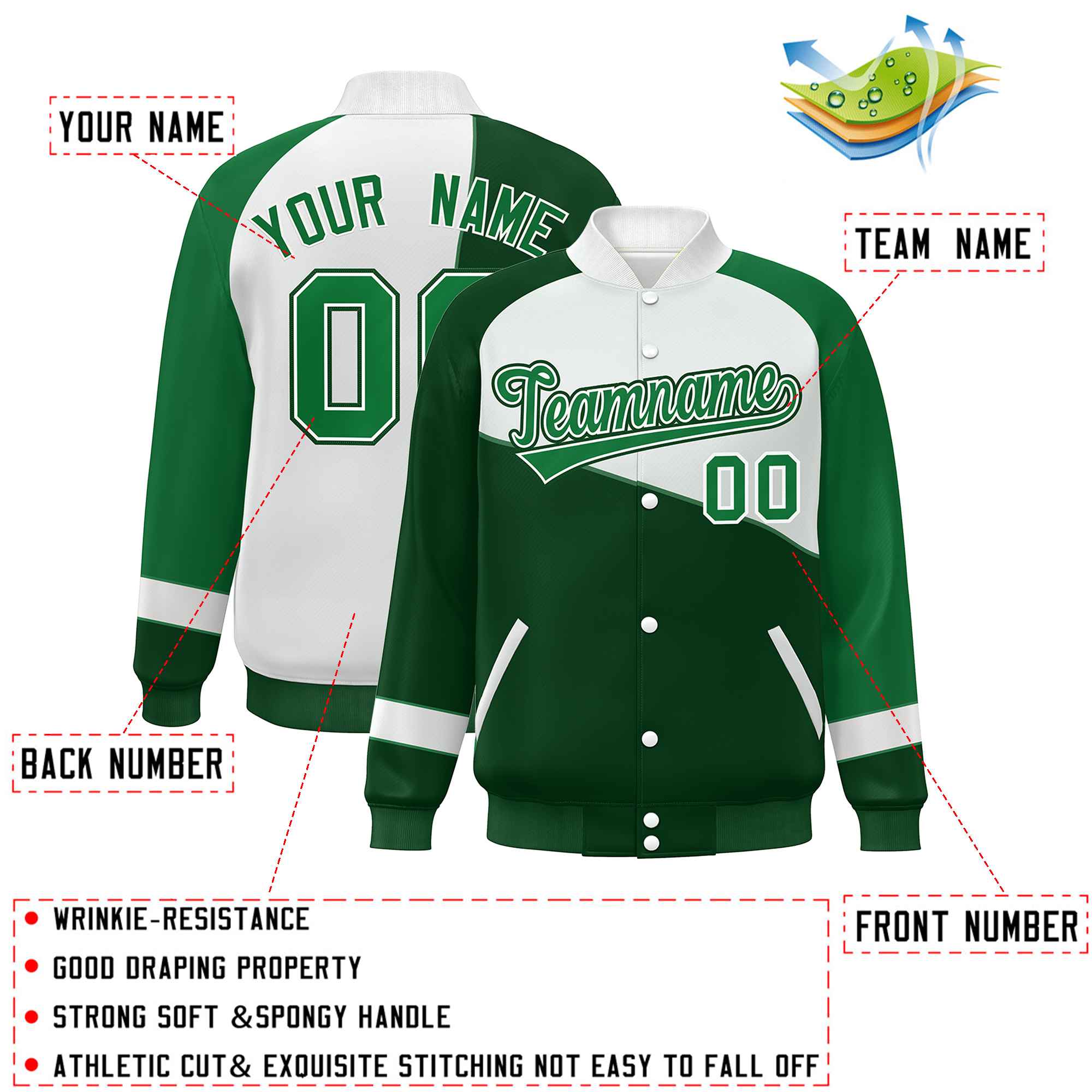 Veste de baseball universitaire à fermeture éclair personnalisée vert blanc-vert Kelly