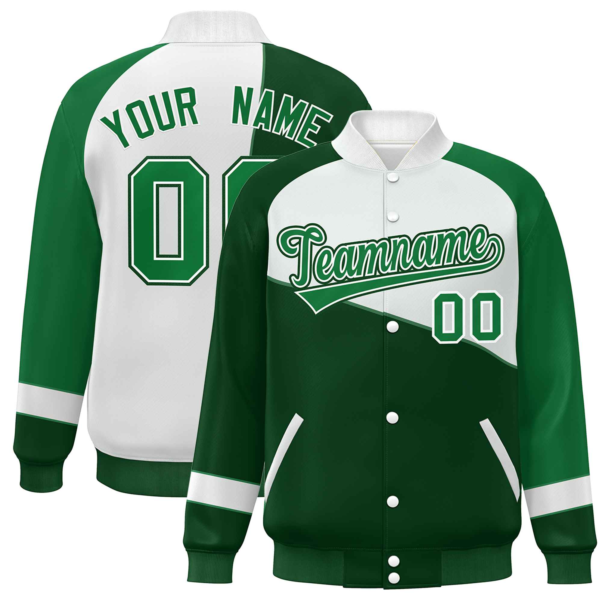 Veste de baseball universitaire à fermeture éclair personnalisée vert blanc-vert Kelly