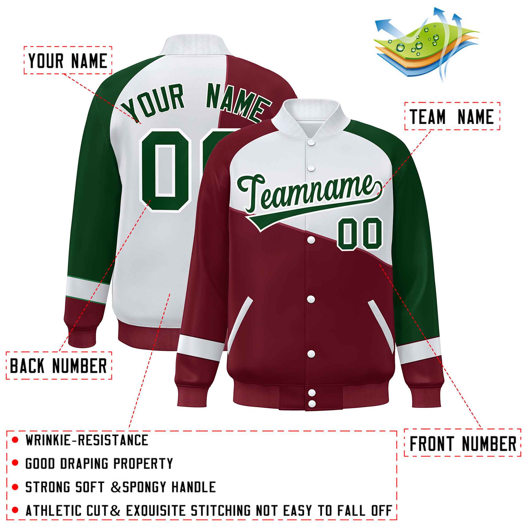 Custom Crimson White-Green Color Block Bomber Varsity Full-Snap Baseball Jacket