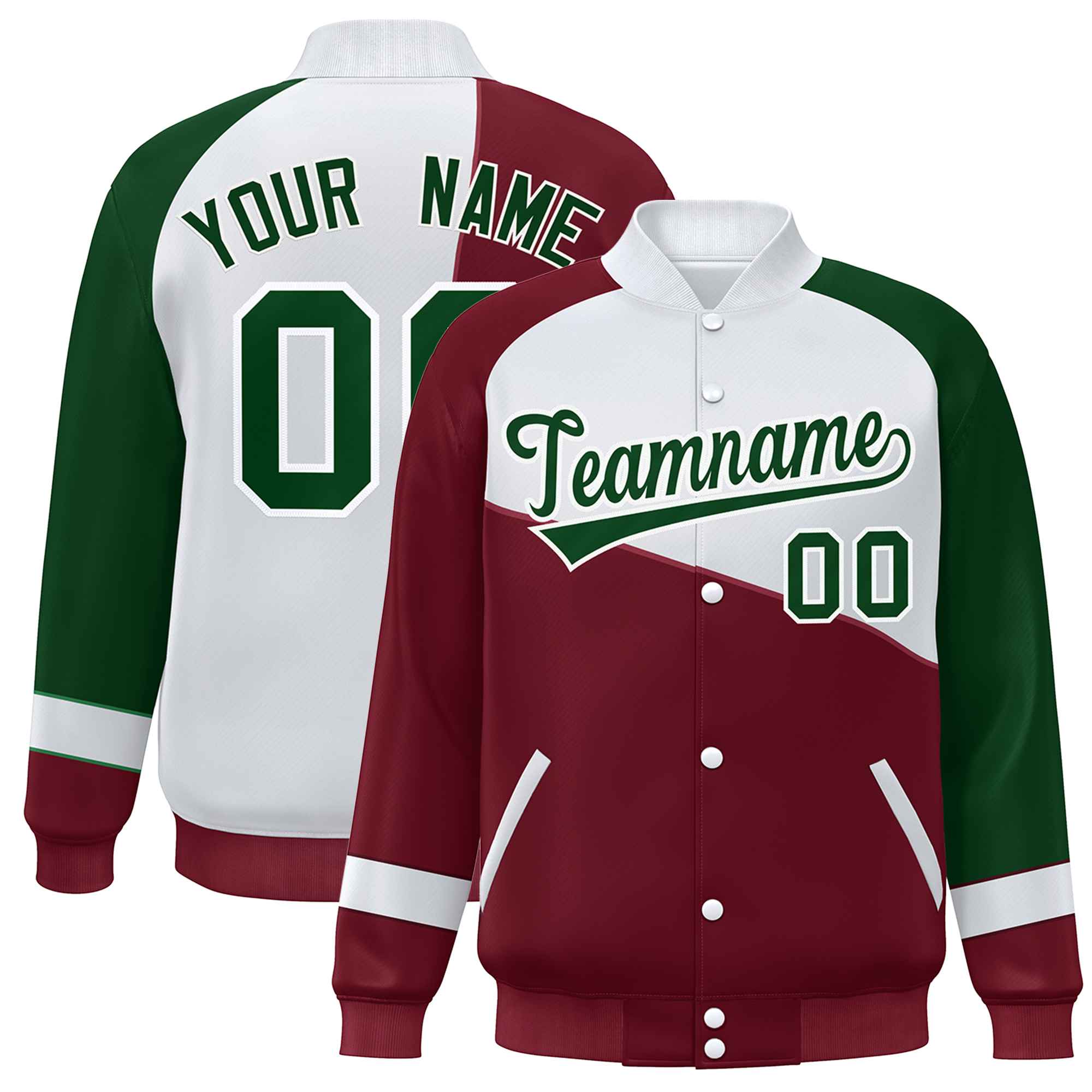 Veste de baseball universitaire à boutons-pression personnalisés Crimson Blanc-Vert Color Block