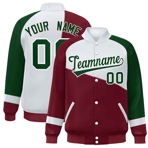 Custom Crimson White-Green Color Block Bomber Varsity Full-Snap Baseball Jacket