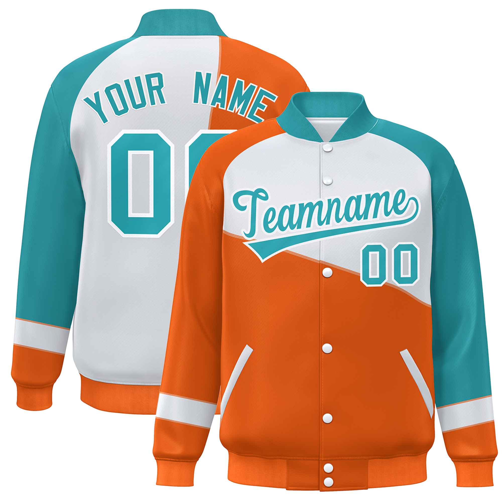 Custom Orange White-Aqua Color Block Bomber Varsity Full-Snap Baseball Jacket