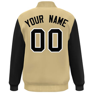 Custom Khaki Black-White Color Block Varsity Full-Snap Bomber Jacket