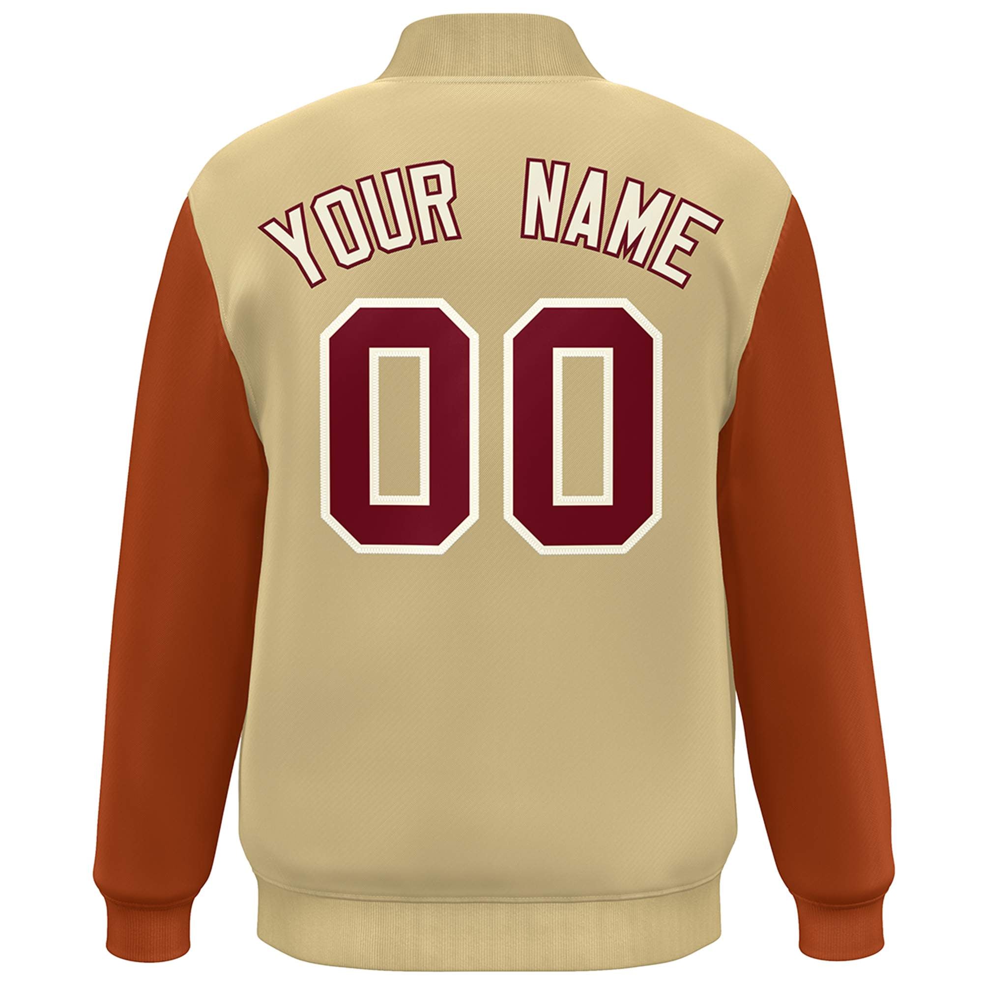 Custom Khaki White-Orange Color Block Varsity Full-Snap Bomber Jacket