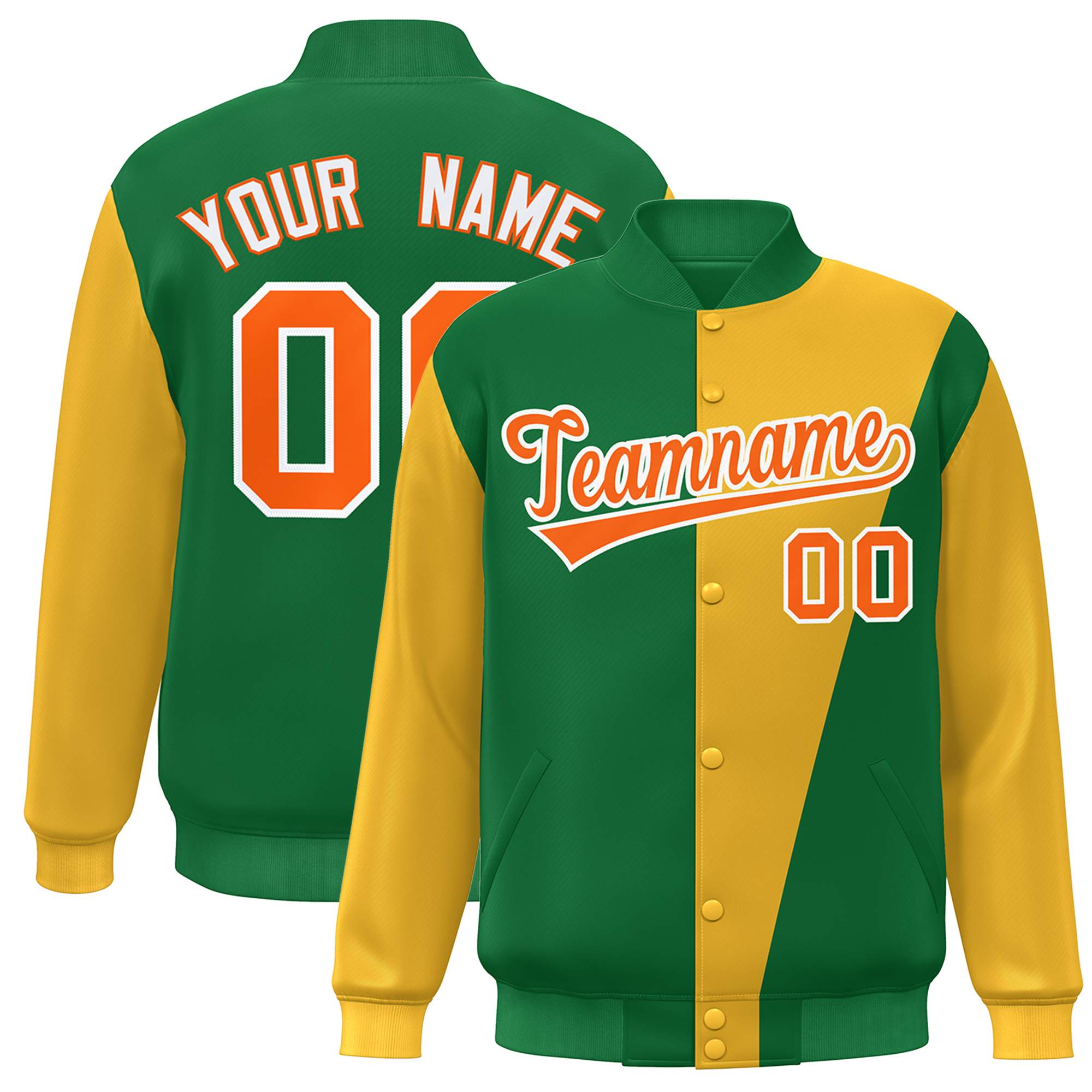 Custom Kelly Green Gold-Orange Color Block Varsity Full-Snap Bomber Jacket