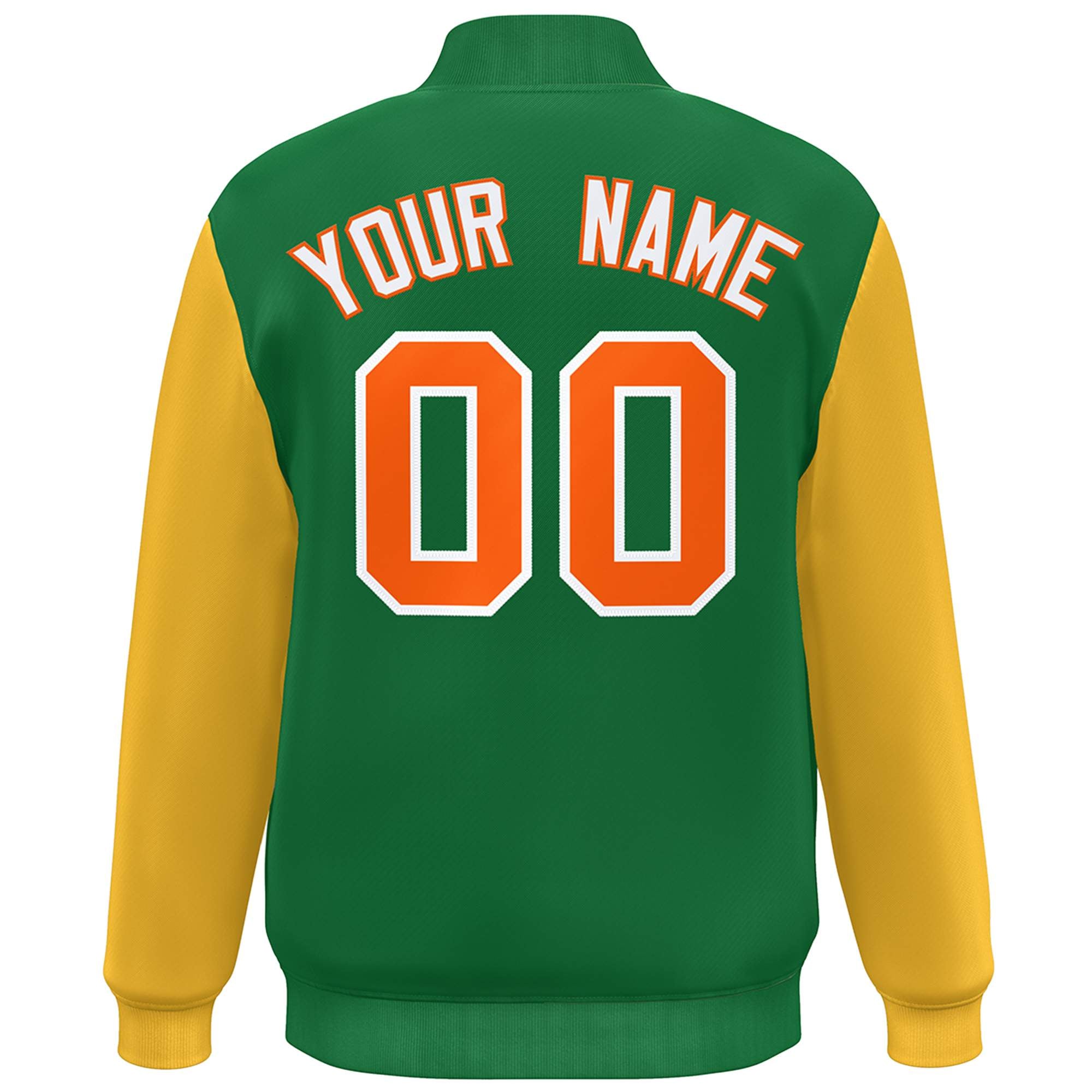 Custom Kelly Green Gold-Orange Color Block Varsity Full-Snap Bomber Jacket