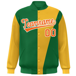 Custom Kelly Green Gold-Orange Color Block Varsity Full-Snap Bomber Jacket