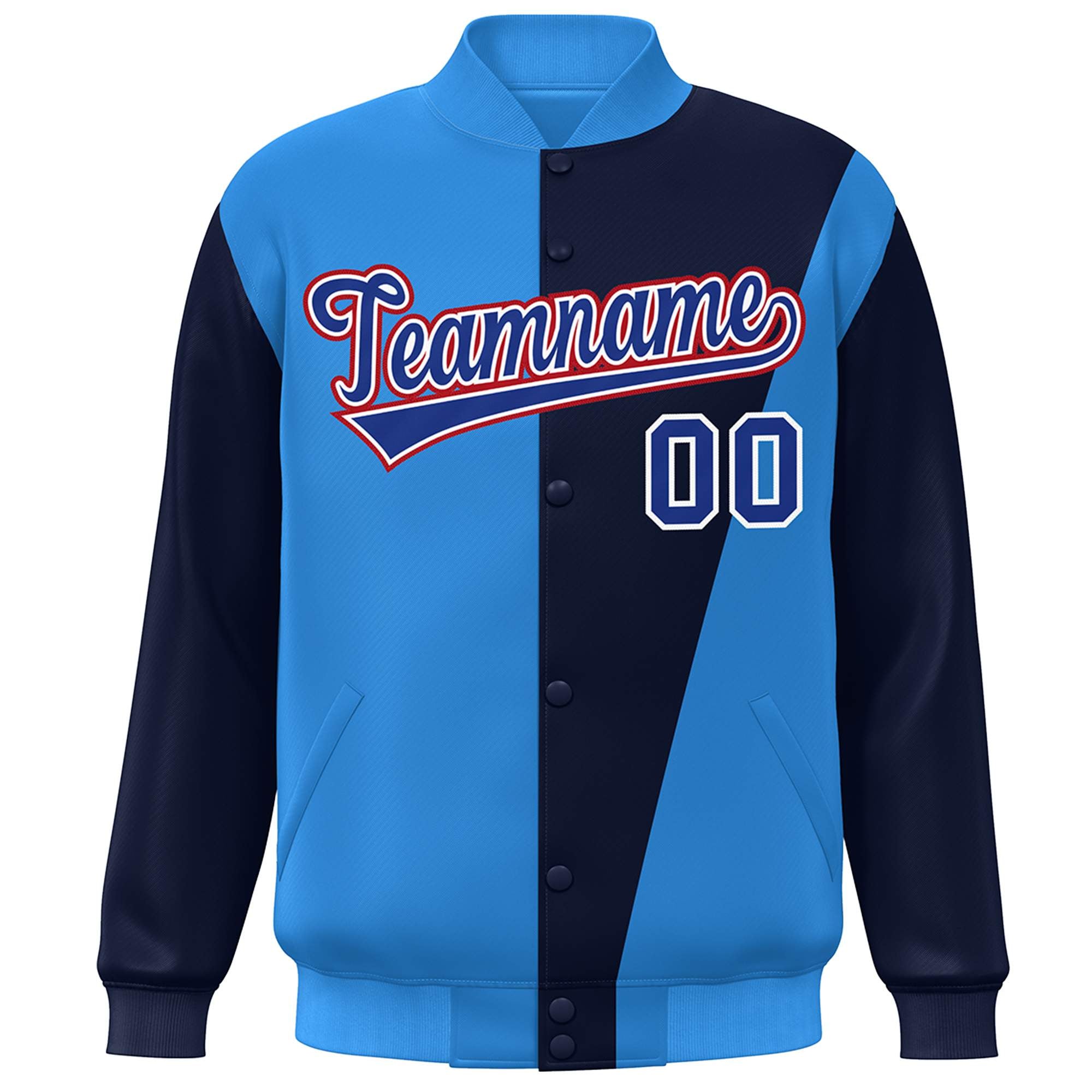 Custom Powder Blue Navy-Royal Color Block Varsity Full-Snap Bomber Jacket