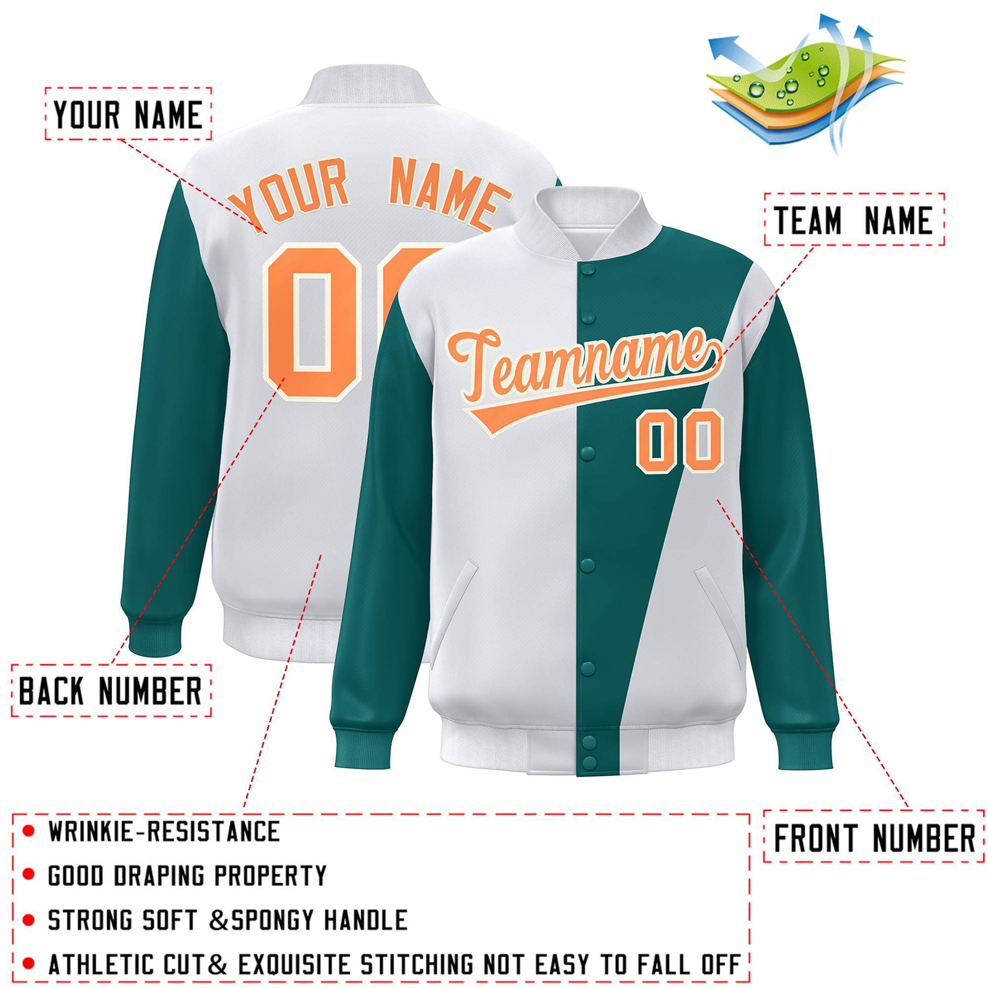 Custom White Aqua-Orange Color Block Varsity Full-Snap Bomber Jacket