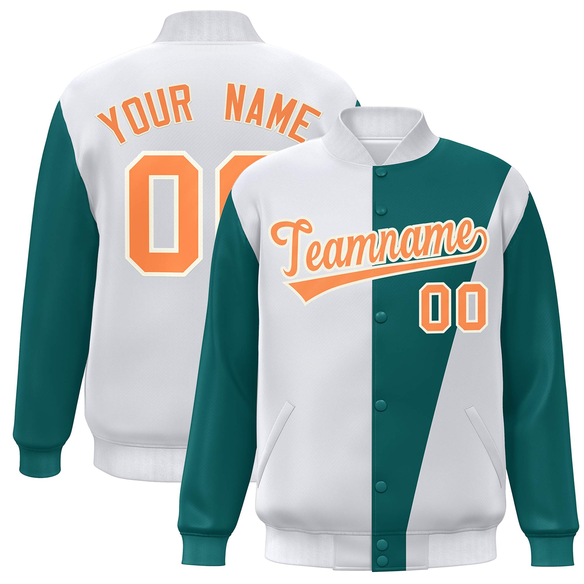 Custom White Aqua-Orange Color Block Varsity Full-Snap Bomber Jacket