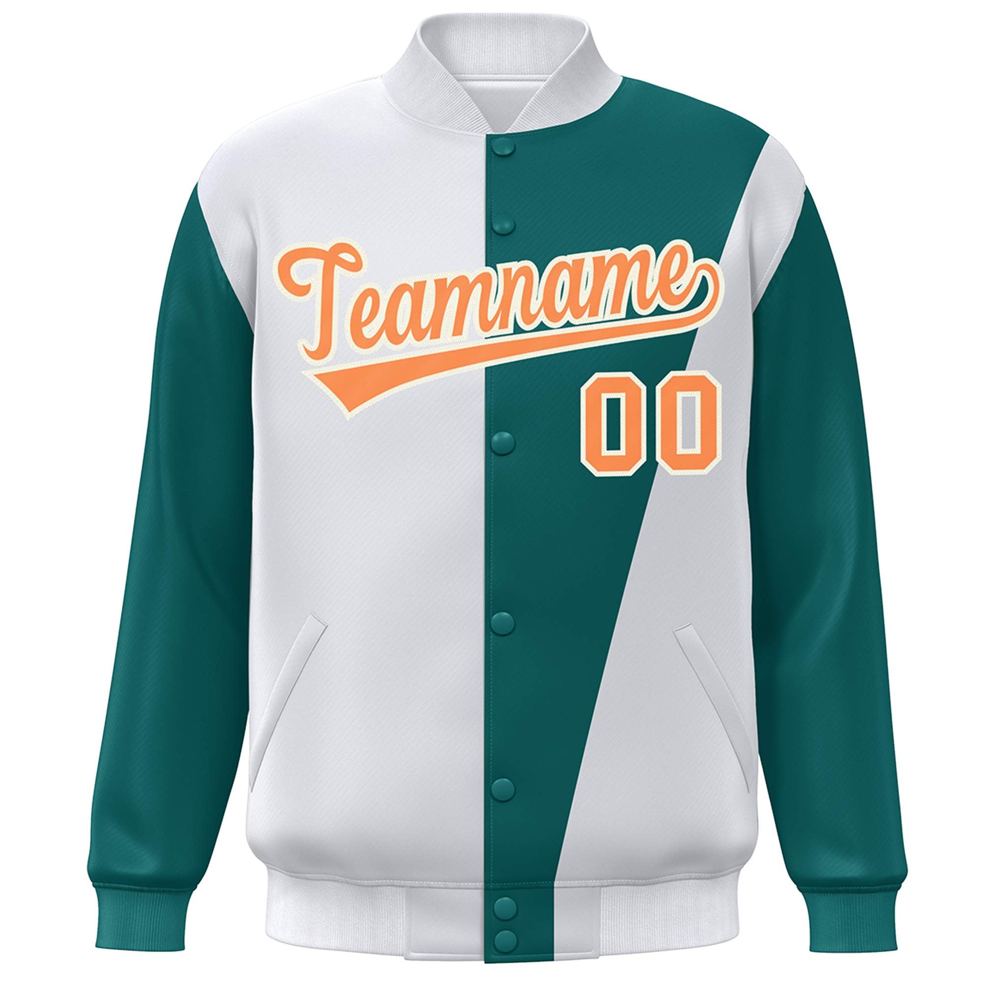 Custom White Aqua-Orange Color Block Varsity Full-Snap Bomber Jacket