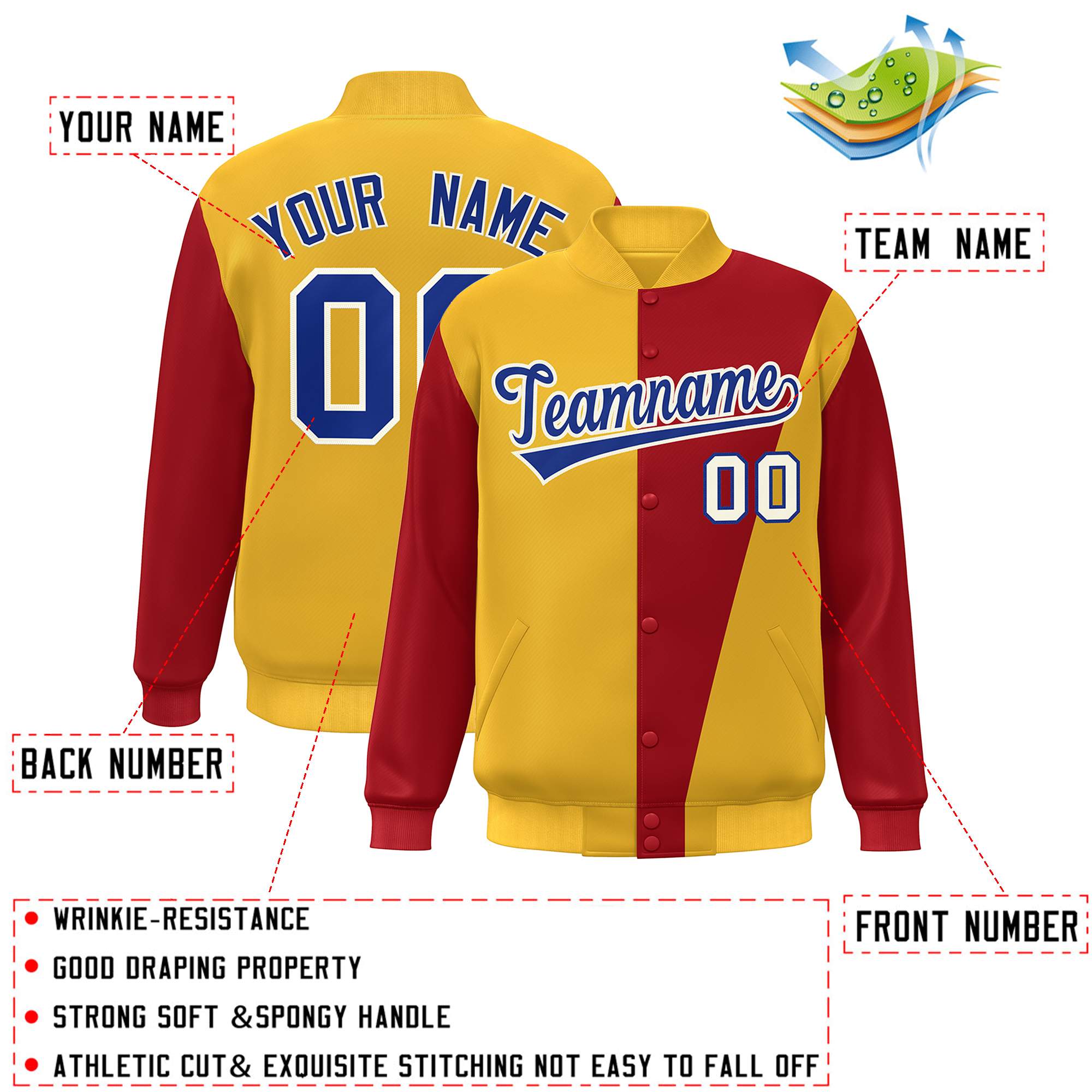 Custom Yellow Red-Royal Color Block Varsity Full-Snap Bomber Jacket