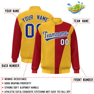 Custom Yellow Red-Royal Color Block Varsity Full-Snap Bomber Jacket