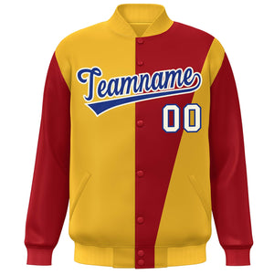 Custom Yellow Red-Royal Color Block Varsity Full-Snap Bomber Jacket