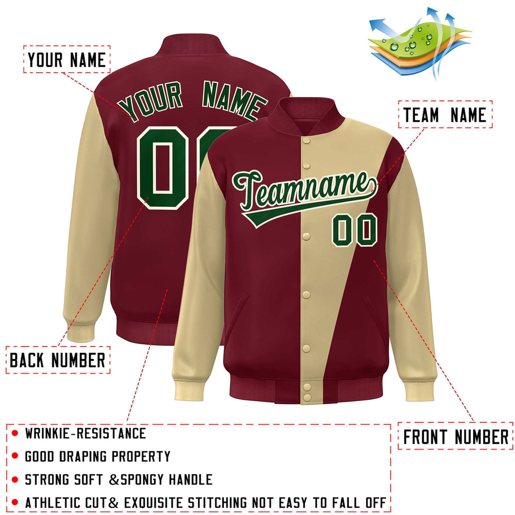 Custom Crimson Khaki-Green Color Block Varsity Full-Snap Bomber Jacket