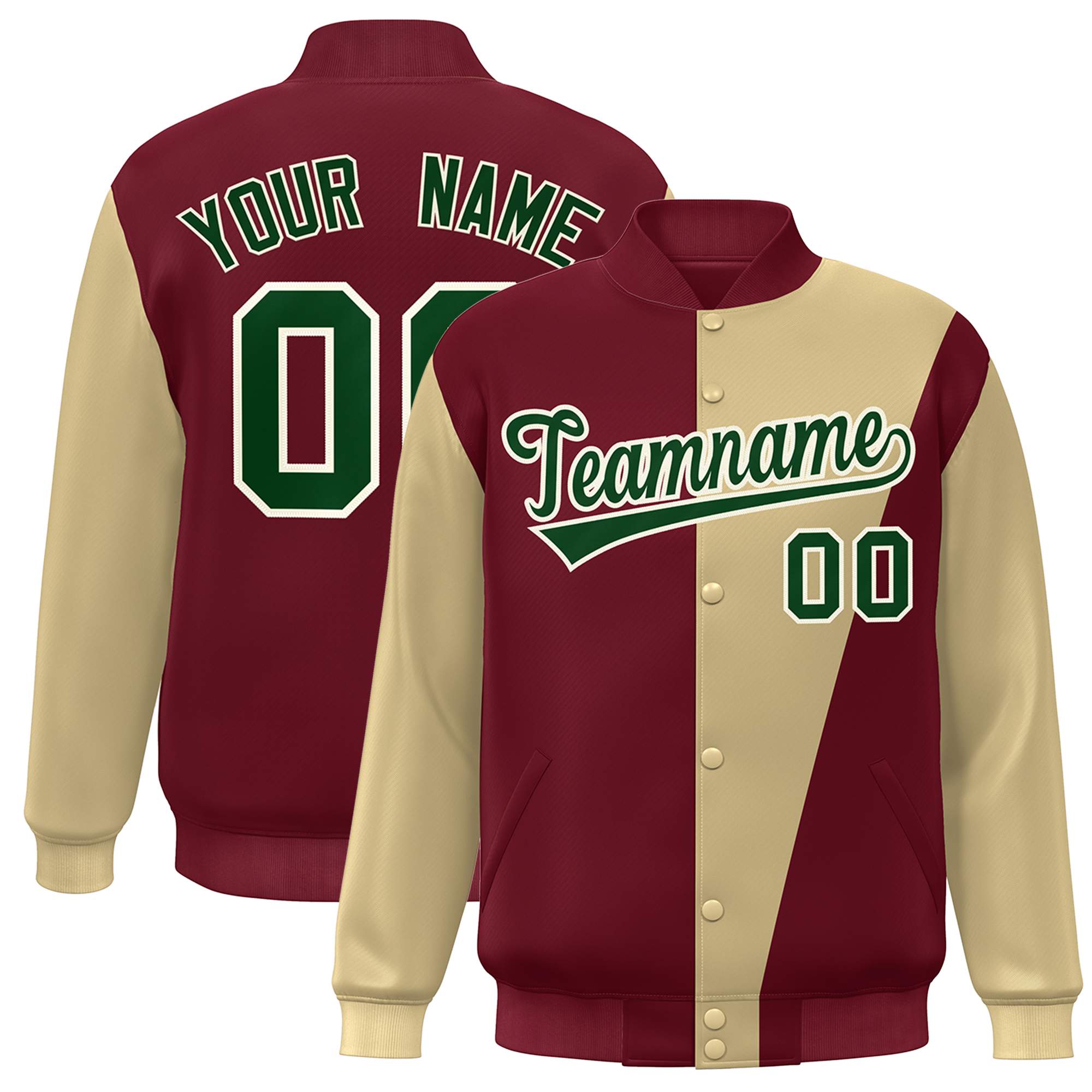 Custom Crimson Khaki-Green Color Block Varsity Full-Snap Bomber Jacket