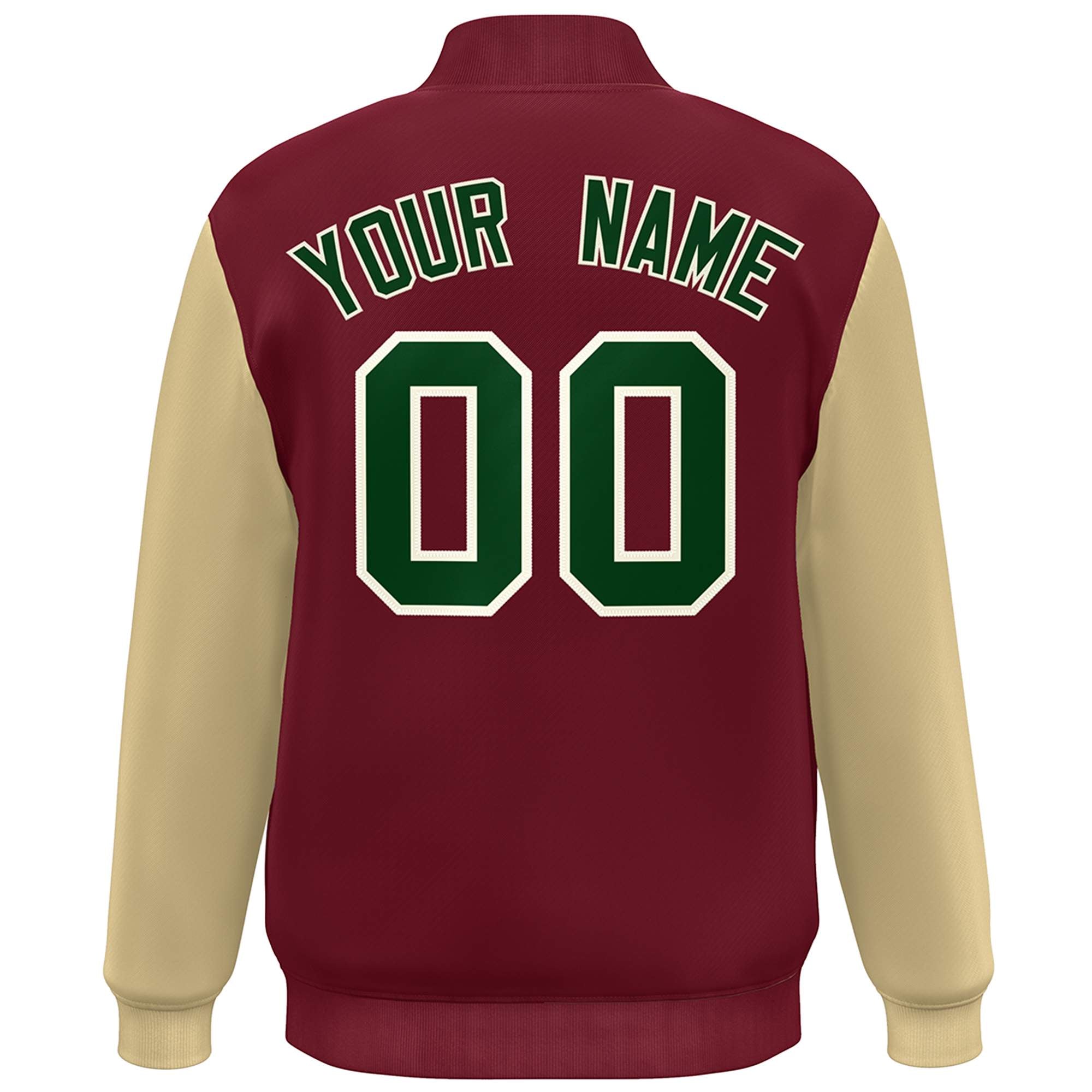 Custom Crimson Khaki-Green Color Block Varsity Full-Snap Bomber Jacket