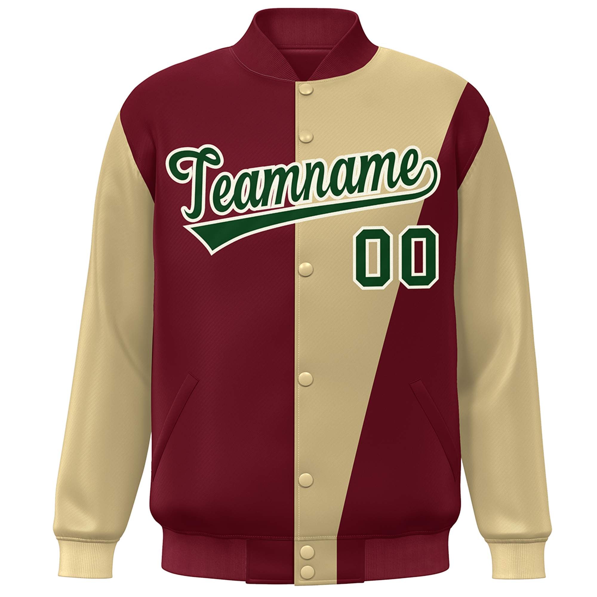 Custom Crimson Khaki-Green Color Block Varsity Full-Snap Bomber Jacket