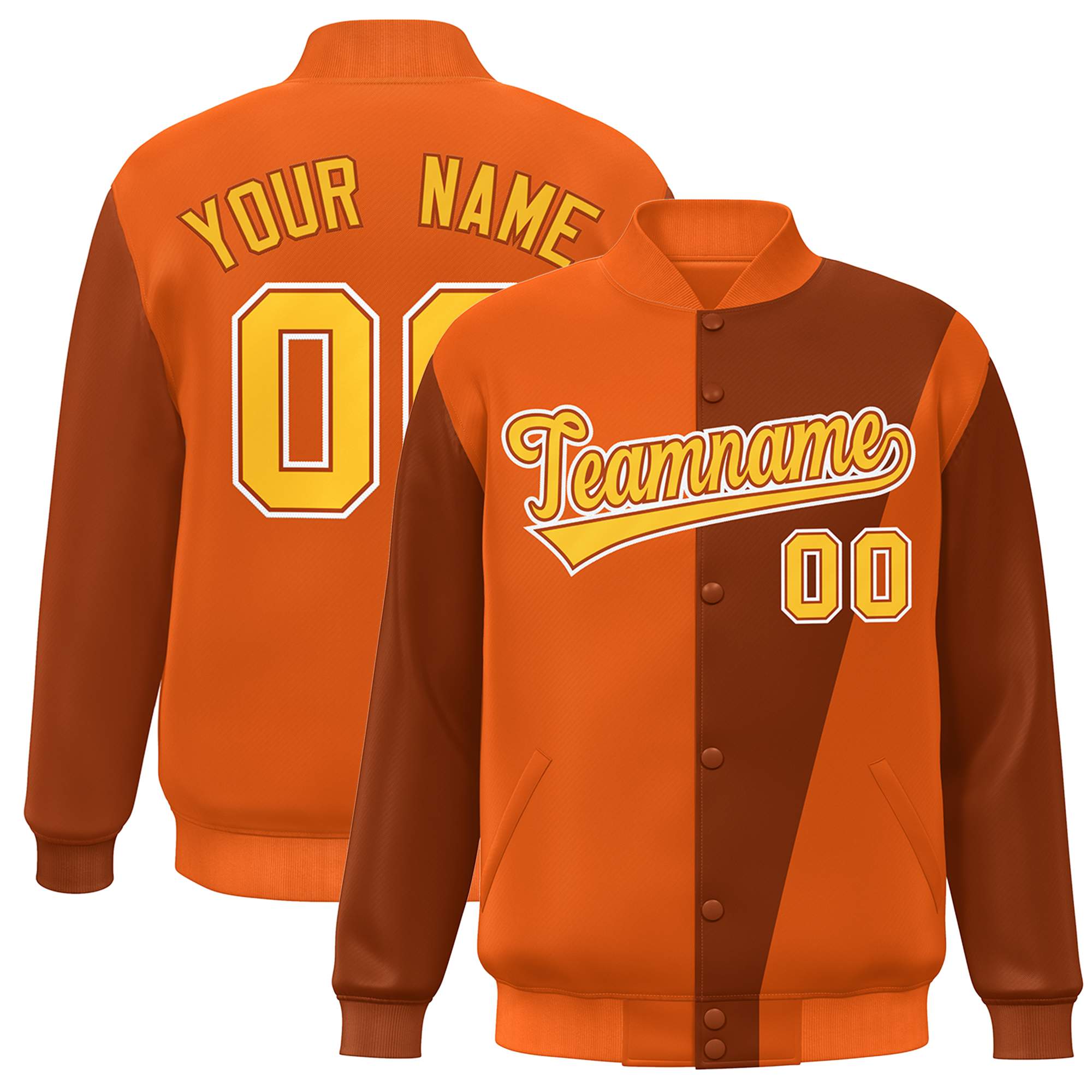 Custom Orange Yellow Color Block Varsity Full-Snap Bomber Jacket