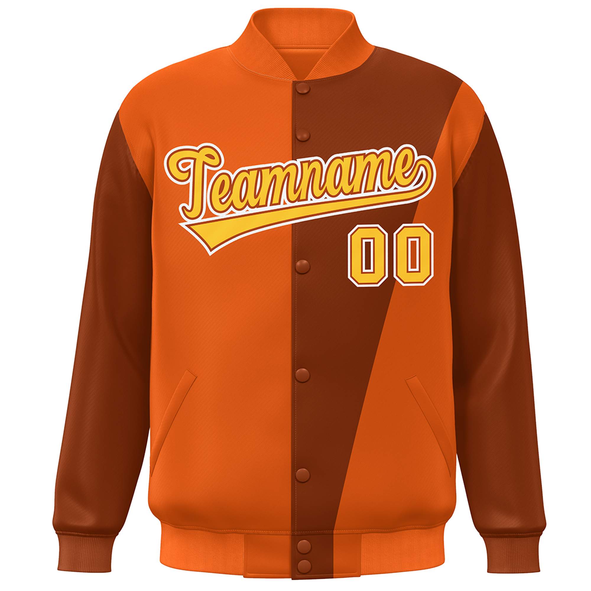 Custom Orange Yellow Color Block Varsity Full-Snap Bomber Jacket