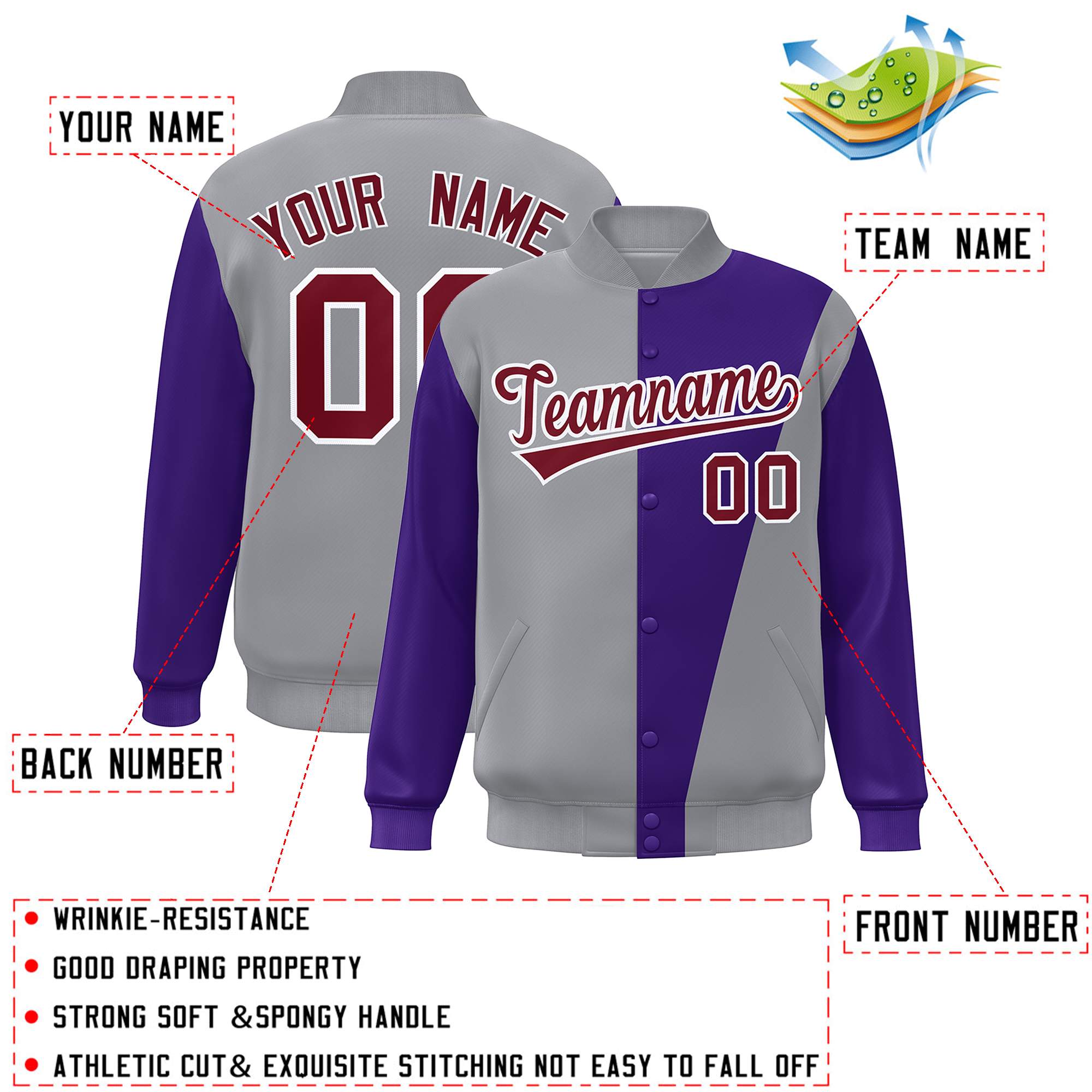 Custom Gray Purple-Crimson Color Block Varsity Full-Snap Bomber Jacket