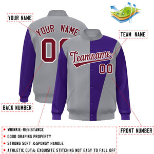 Custom Gray Purple-Crimson Color Block Varsity Full-Snap Bomber Jacket