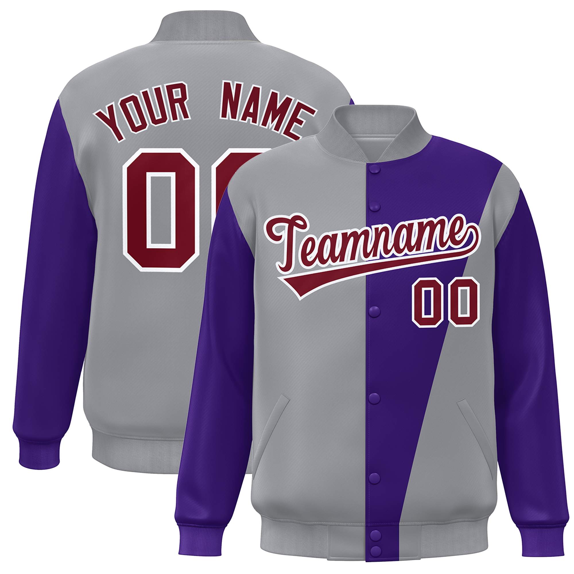 Custom Gray Purple-Crimson Color Block Varsity Full-Snap Bomber Jacket